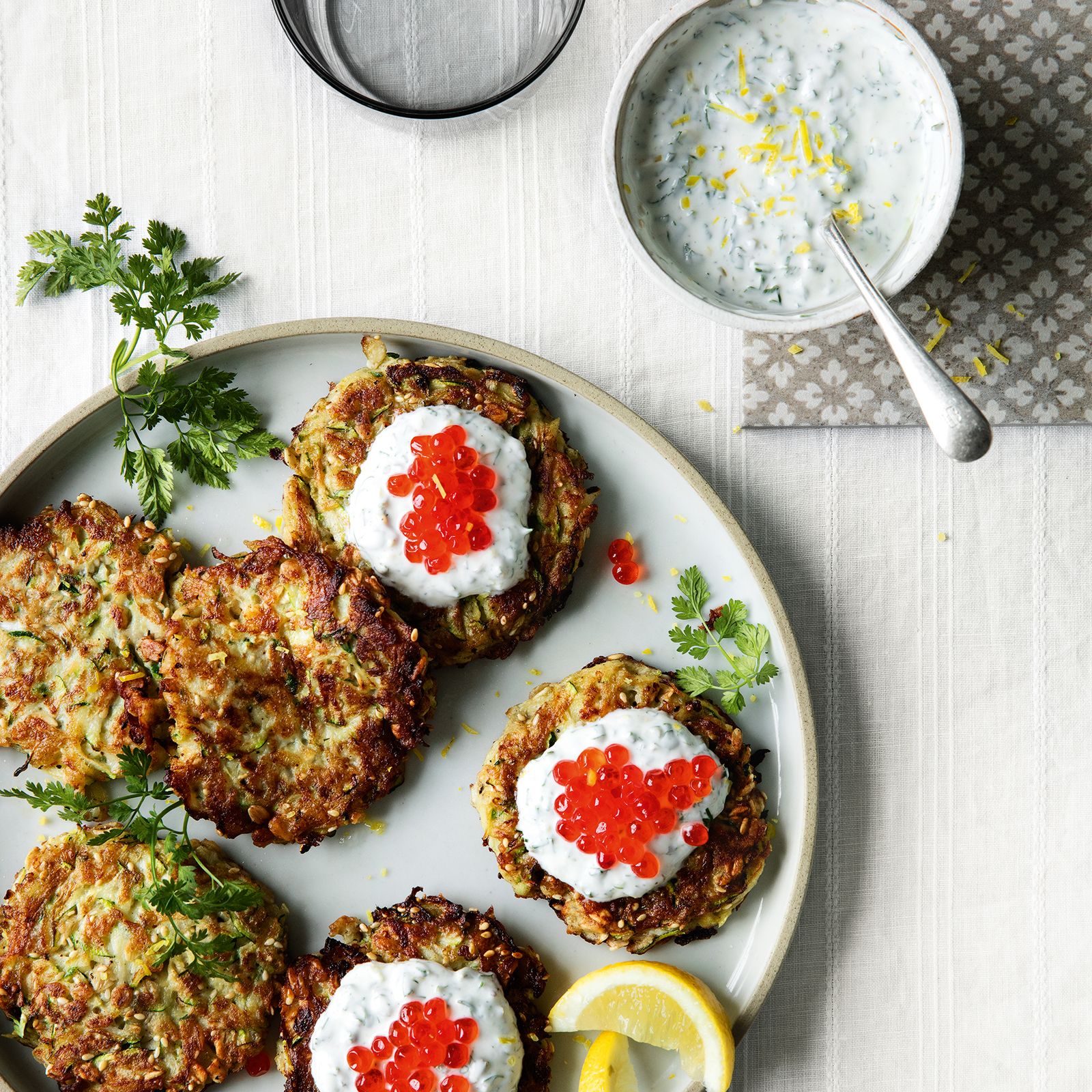 Courgette and potato fritters with salmon roe