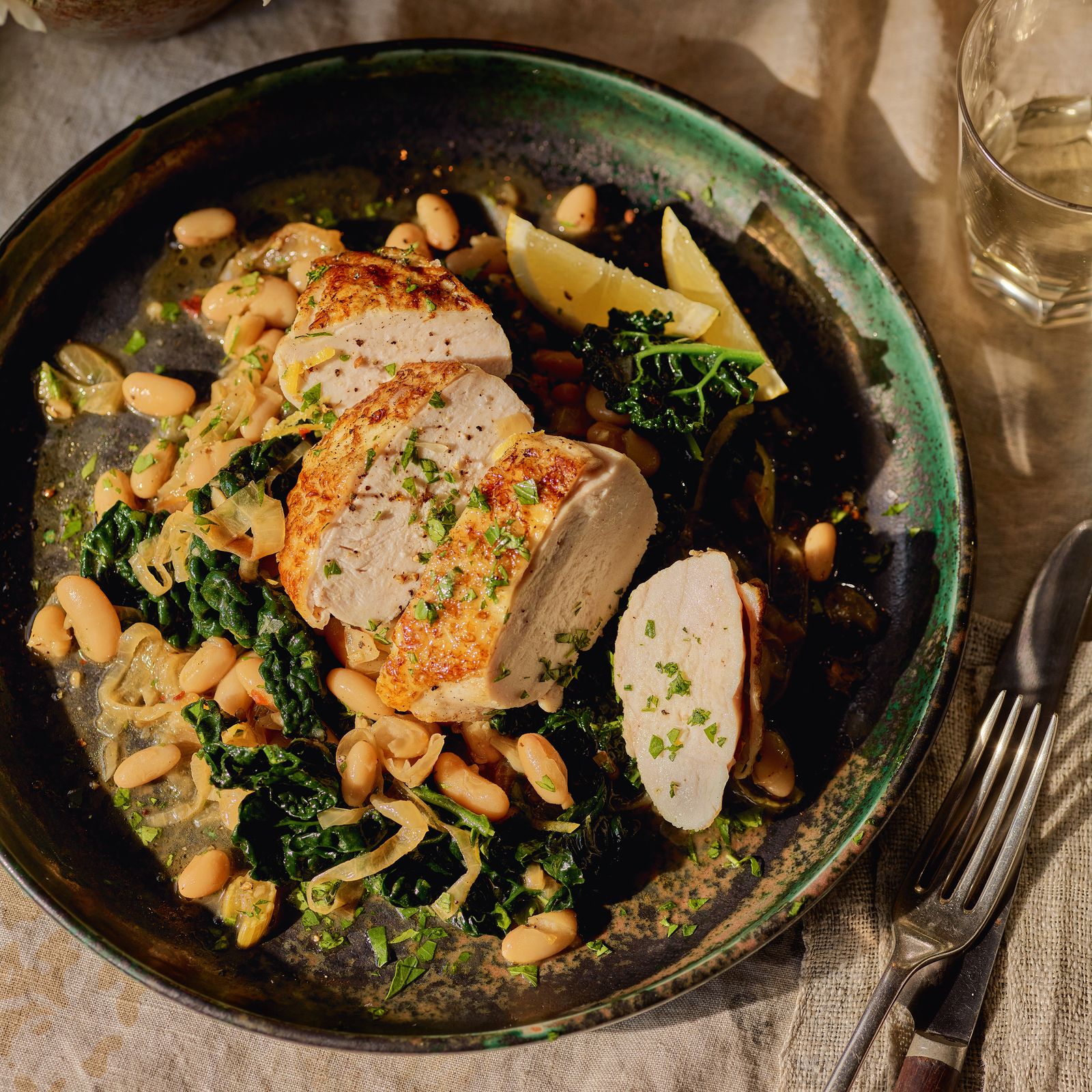Seasonal beans and brined chicken with a sourdough glaze
