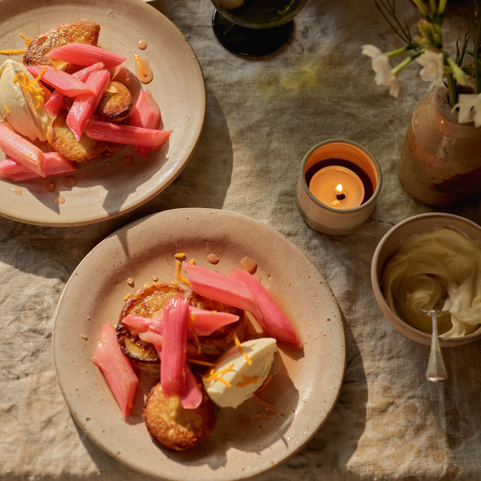 Buckwheat, orange and ricotta fritters with rhubarb
